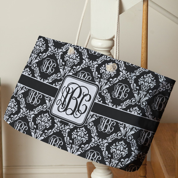 Monogrammed Damask Large Rope Tote - Life Style