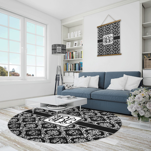Monogrammed Damask Round Area Rug - IN CONTEXT