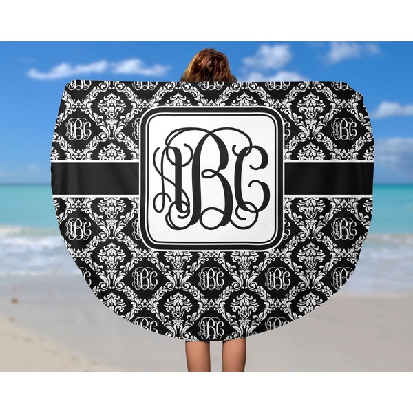 Monogrammed Damask Round Beach Towel - In Use
