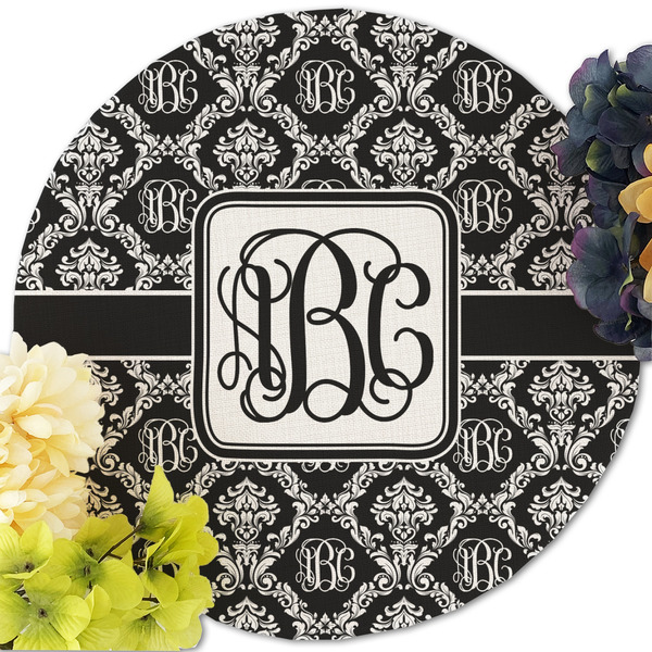 Monogrammed Damask Round Linen Placemats - Front (w flowers)