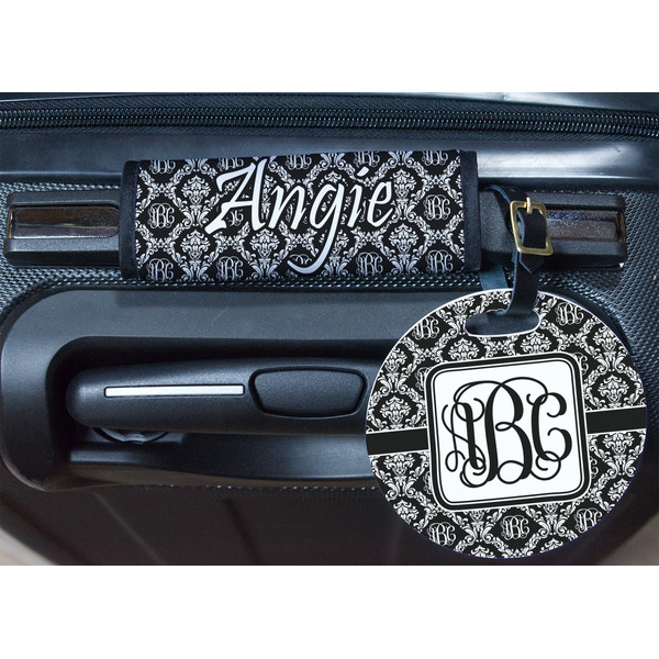 Monogrammed Damask Round Luggage Tag & Handle Wrap - In Context