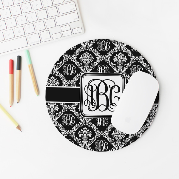 Monogrammed Damask Round Mousepad - LIFESTYLE 2