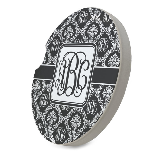 Monogrammed Damask Sandstone Car Coaster - STANDING ANGLE