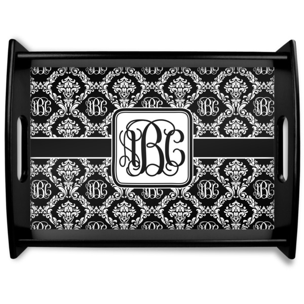 Custom Monogrammed Damask Black Wooden Tray - Large (Personalized)