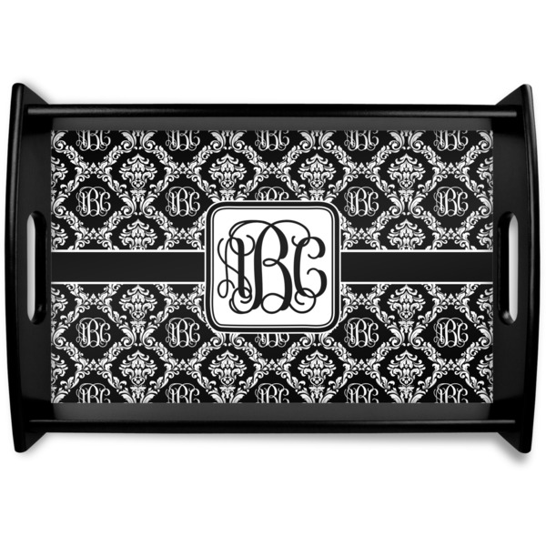 Custom Monogrammed Damask Black Wooden Tray - Small (Personalized)