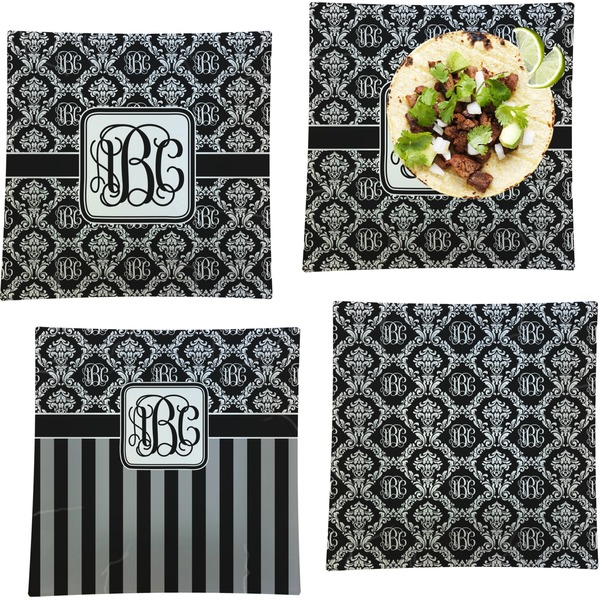 Custom Monogrammed Damask Set of 4 Glass Square Lunch / Dinner Plate 9.5" (Personalized)