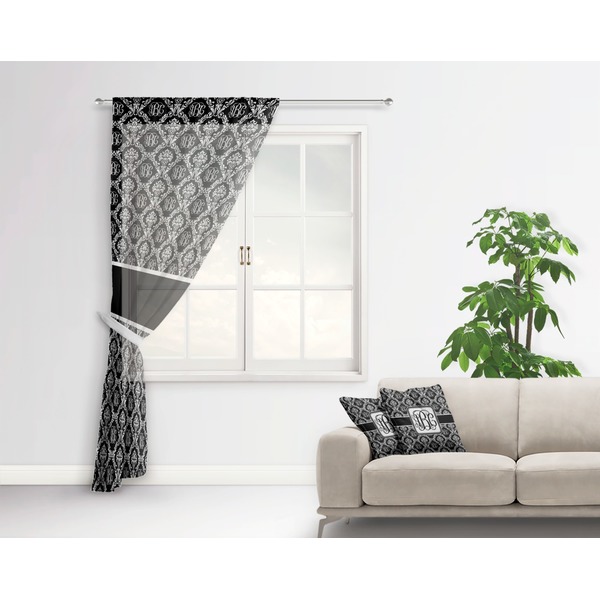 Monogrammed Damask Sheer Curtain With Window and Rod - in Room Matching Pillow