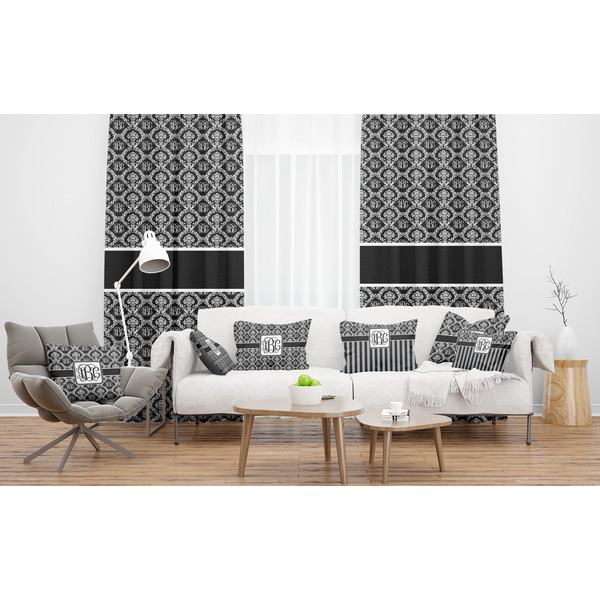Monogrammed Damask Sheer and Custom Curtains in Room with Matching Pillows