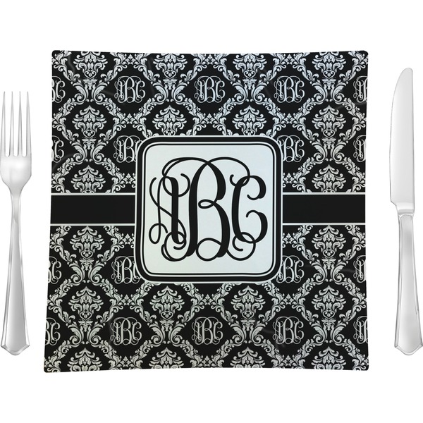 Custom Monogrammed Damask 9.5" Glass Square Lunch / Dinner Plate- Single or Set of 4 (Personalized)