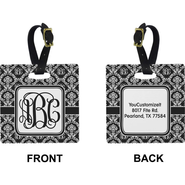 Monogrammed Damask Square Luggage Tag (Front + Back)