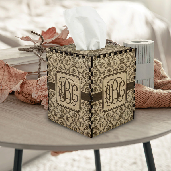 Monogrammed Damask Square Tissue Box Covers - Wood - In Context