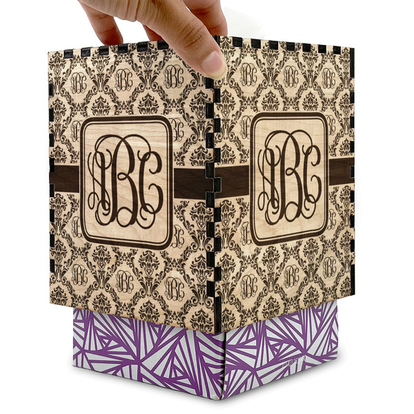 Monogrammed Damask Square Tissue Box Covers - Wood - with box