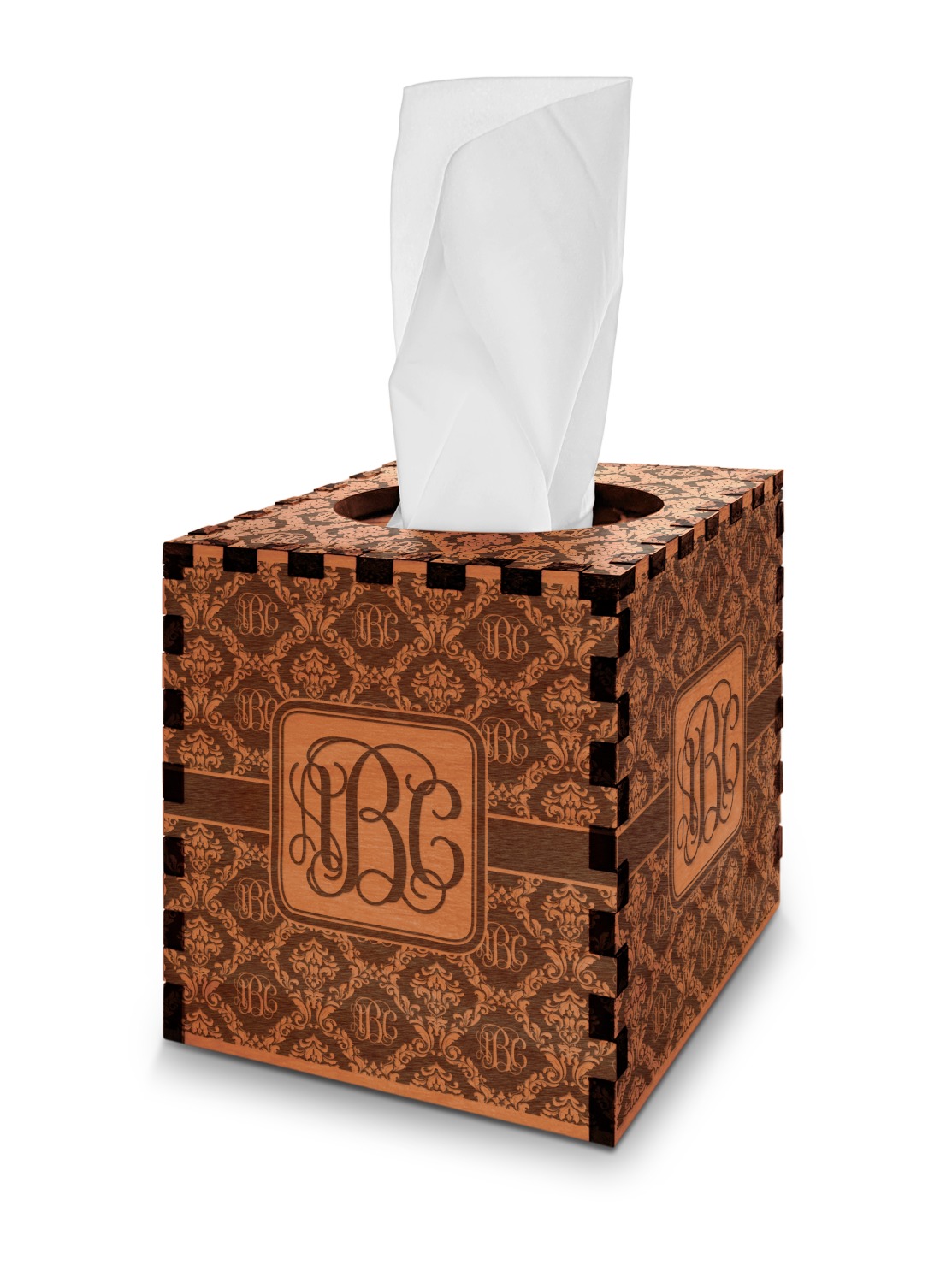 Monogrammed Damask Cherry Wood Tissue Box Cover Square (Personalized