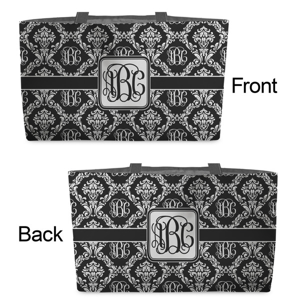 Monogrammed Damask Tote w/Black Handles - Front & Back Views