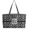 Monogrammed Damask Tote w/Black Handles - Front View