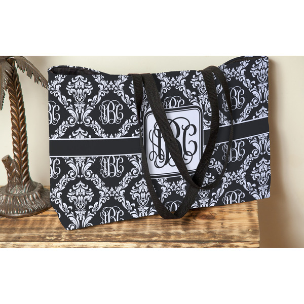 Monogrammed Damask Tote w/Black Handles - Lifestyle View