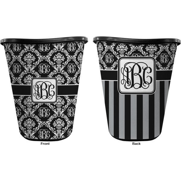 Monogrammed Damask Trash Can Black - Front and Back - Apvl