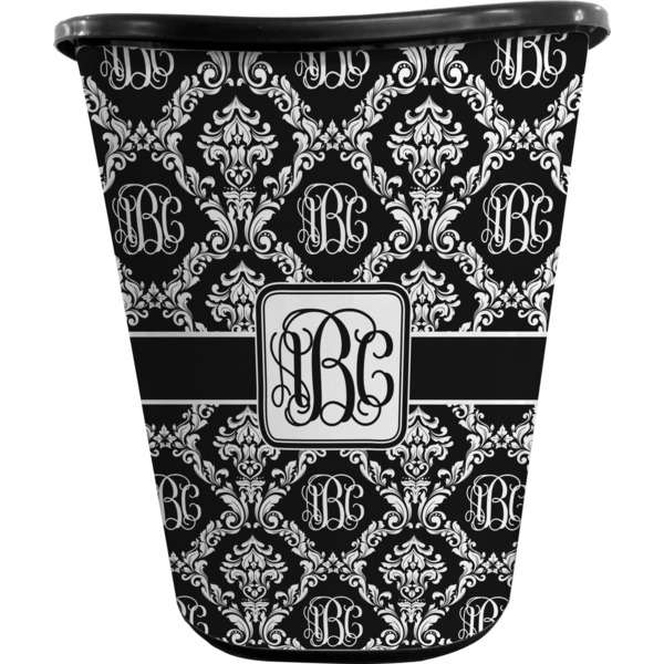 Custom Monogrammed Damask Waste Basket - Single Sided (Black) (Personalized)