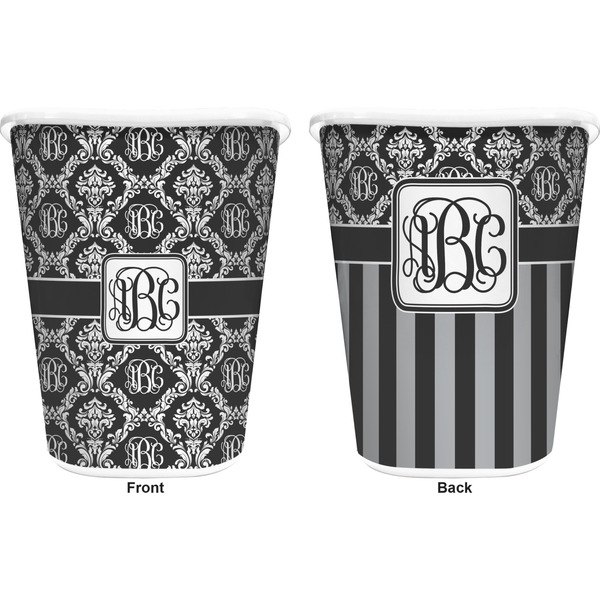 Monogrammed Damask Trash Can White - Front and Back - Apvl