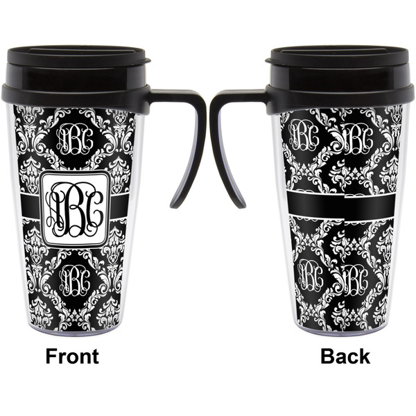 Monogrammed Damask Travel Mug with Black Handle - Approval