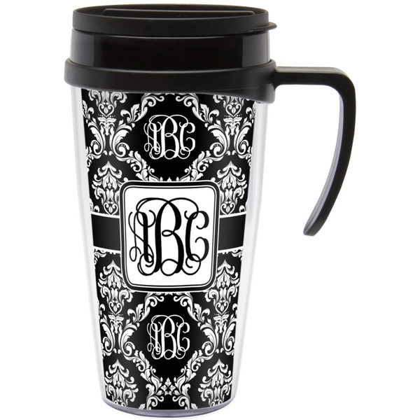 Custom Monogrammed Damask Acrylic Travel Mug with Handle (Personalized)
