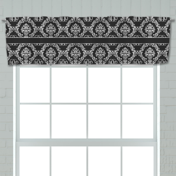 Monogrammed Damask Valance - Closeup on window