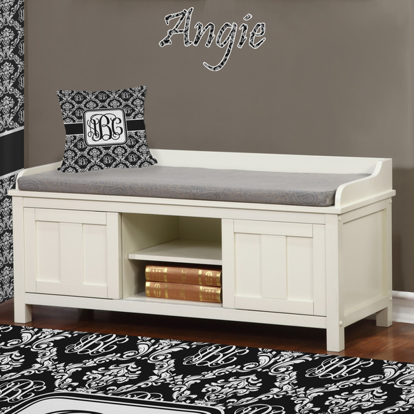 Monogrammed Damask Wall Name Decal Above Storage bench