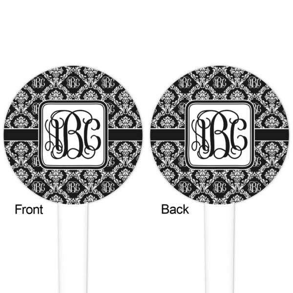 Monogrammed Damask White Plastic 4" Food Pick - Round - Double Sided - Front & Back