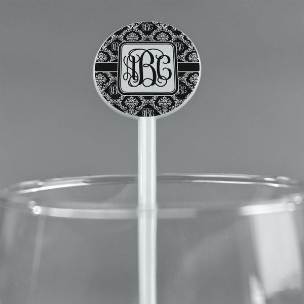 Monogrammed Damask White Plastic 5.5" Stir Stick - Round - Main