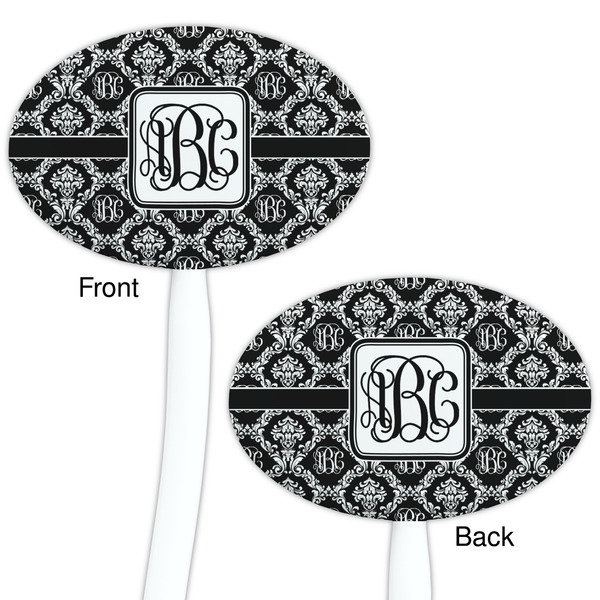 Monogrammed Damask White Plastic 7" Stir Stick - Double Sided - Oval - Front & Back