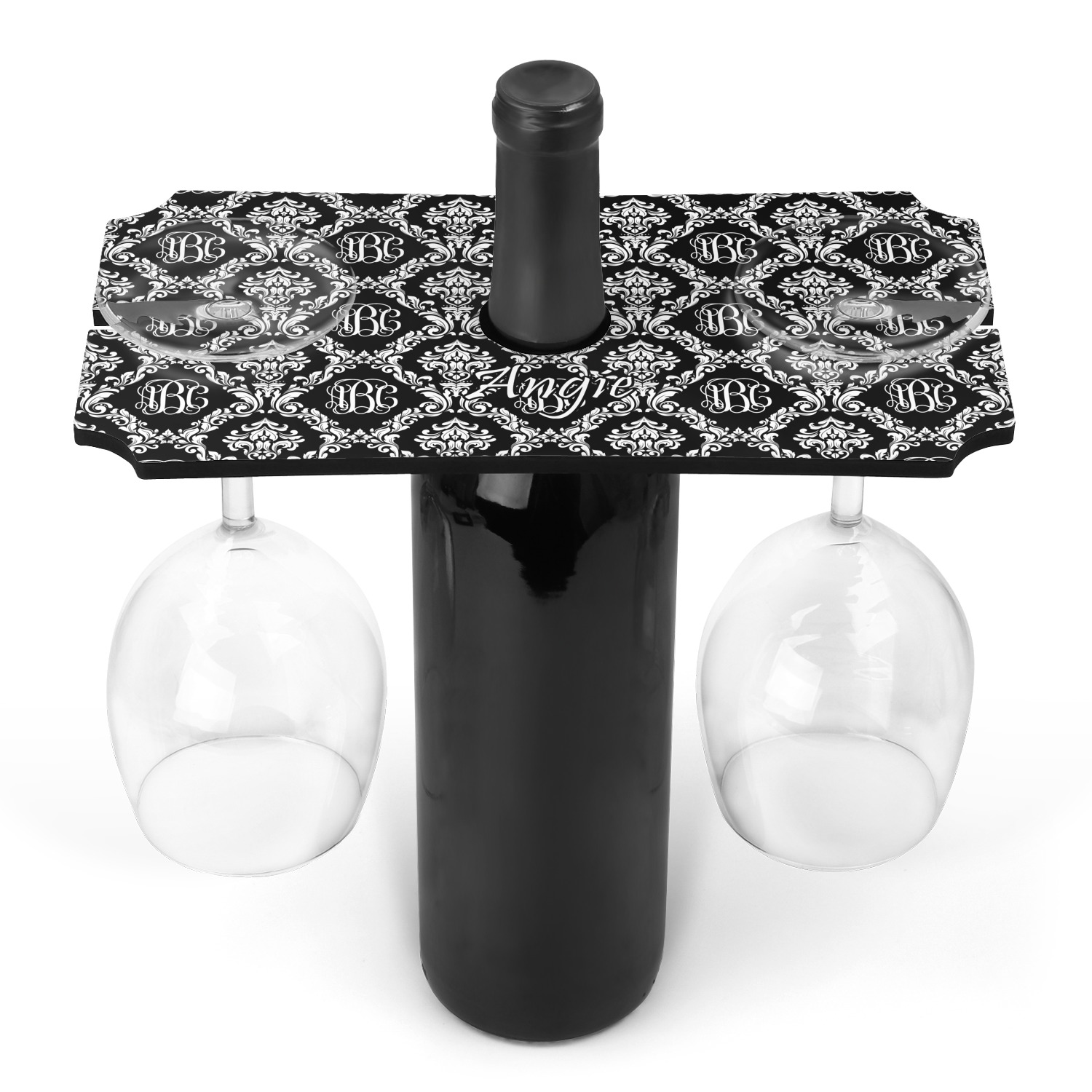 Monogrammed Damask Wine Bottle & Glass Holder (Personalized