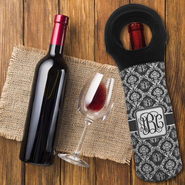 Monogrammed Damask Wine Tote Bag - FLATLAY
