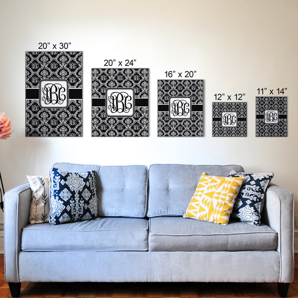 Monogrammed Damask Wood Prints - Size Comparison