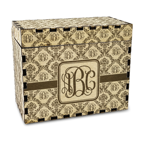 Custom Monogrammed Damask Wood Recipe Box - Laser Engraved