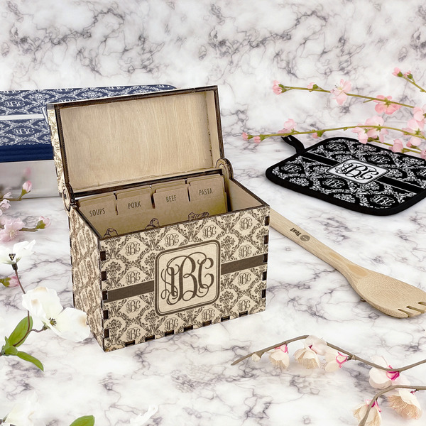 Monogrammed Damask Wood Recipe Boxes - Lifestyle