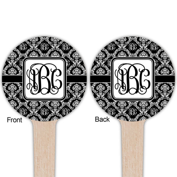 Monogrammed Damask Wooden 4" Food Pick - Round - Double Sided - Front & Back