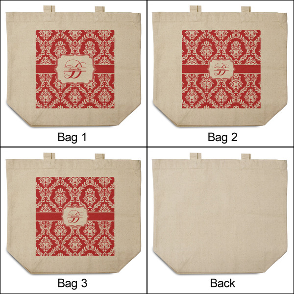 Damask 3 Reusable Cotton Grocery Bags - Front & Back View
