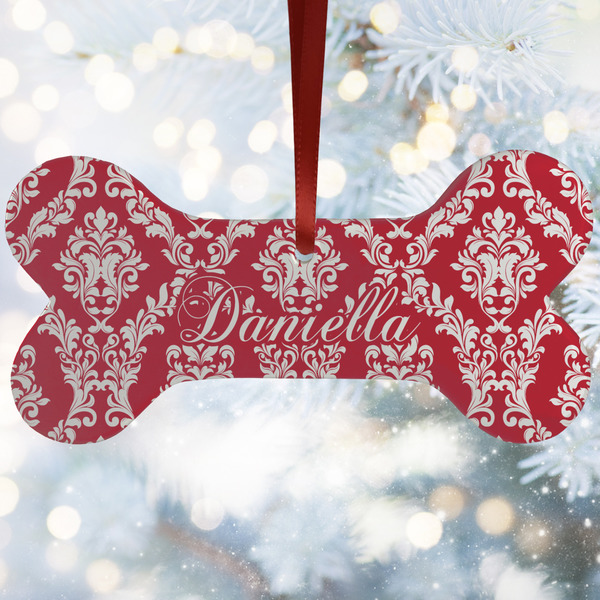 Custom Damask Ceramic Dog Ornament w/ Name and Initial