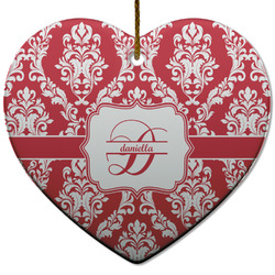 Damask Heart Ceramic Ornament w/ Name and Initial