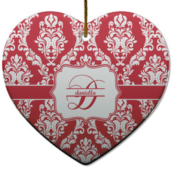 Damask Heart Ceramic Ornament w/ Name and Initial