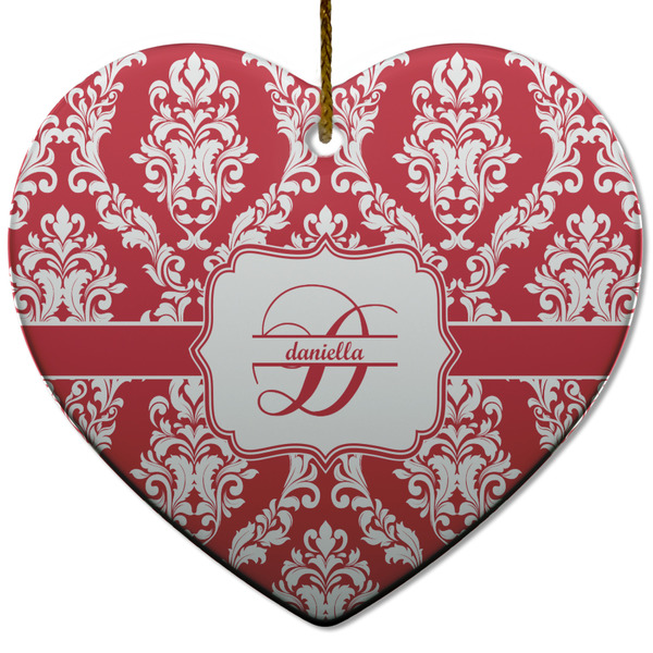 Custom Damask Heart Ceramic Ornament w/ Name and Initial