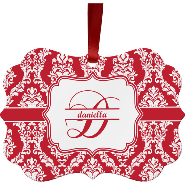 Custom Damask Metal Frame Ornament - Double Sided w/ Name and Initial