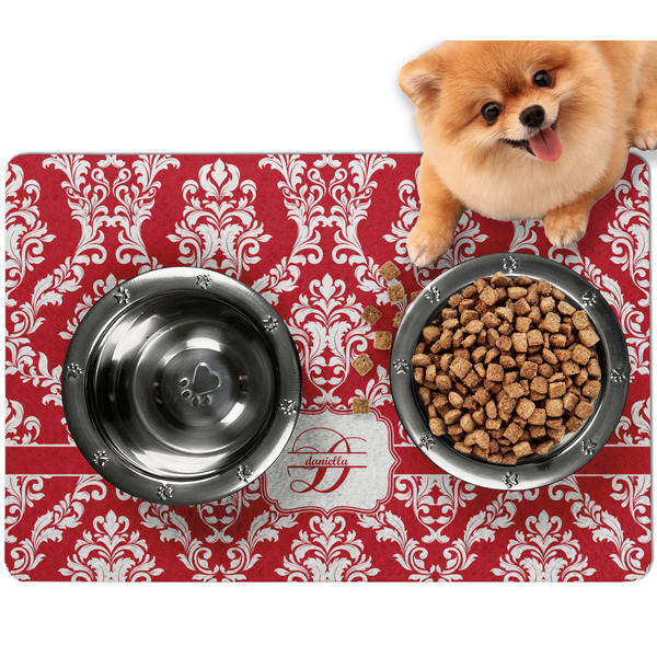 Custom Damask Dog Food Mat - Small w/ Name and Initial
