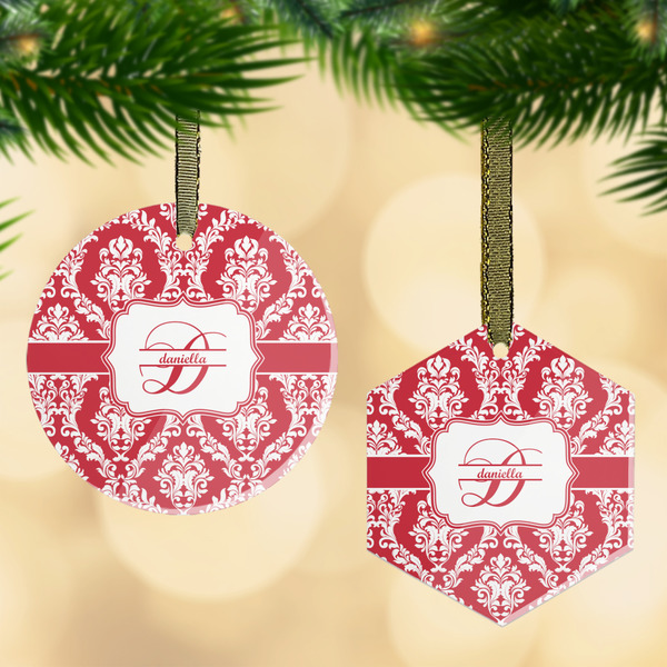 Custom Damask Flat Glass Ornament w/ Name and Initial