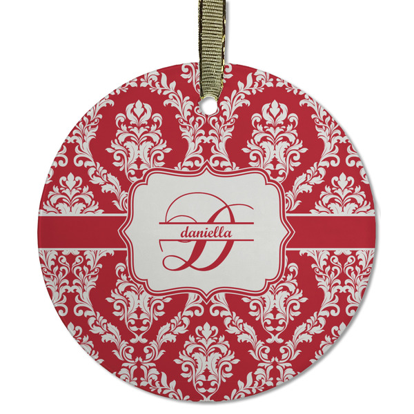 Custom Damask Flat Glass Ornament - Round w/ Name and Initial