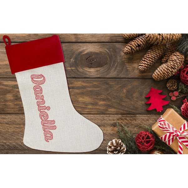 Damask Linen Stocking w/Red Cuff - Flat Lay (LIFESTYLE)