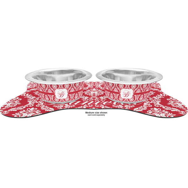 Damask Metal Pet Bowls - On Dog Bone Shaped Mat