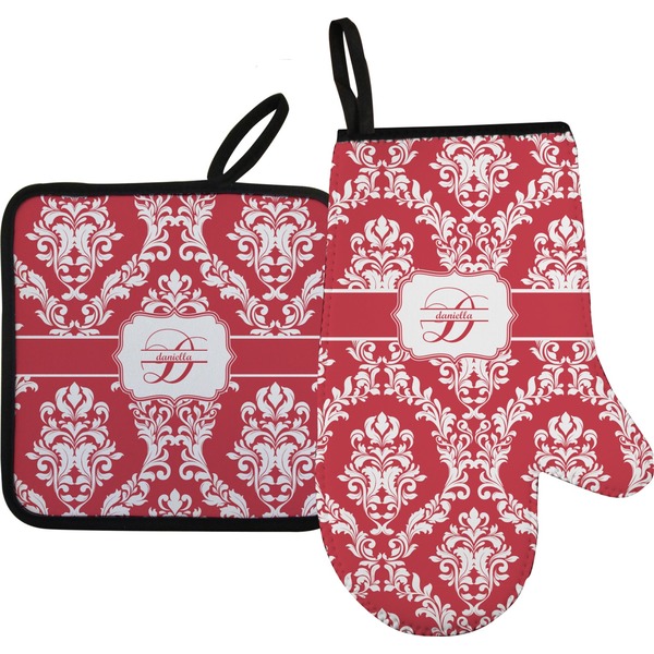 Custom Damask Right Oven Mitt & Pot Holder Set w/ Name and Initial
