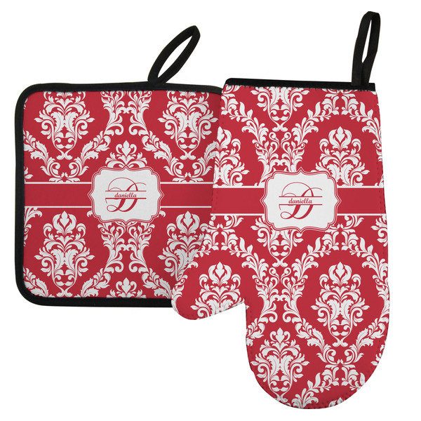 Custom Damask Left Oven Mitt & Pot Holder Set w/ Name and Initial