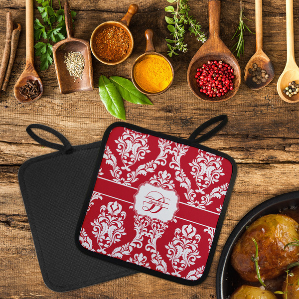 Damask Neoprene Pot Holder - Set of 2  LIFESTYLE (Flatlay)